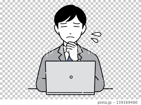 A monochrome illustration of a young man in a suit looking anxious while using a computer. A monochrome illustration of a young man in a suit looking anxious while using a computer. 139169480