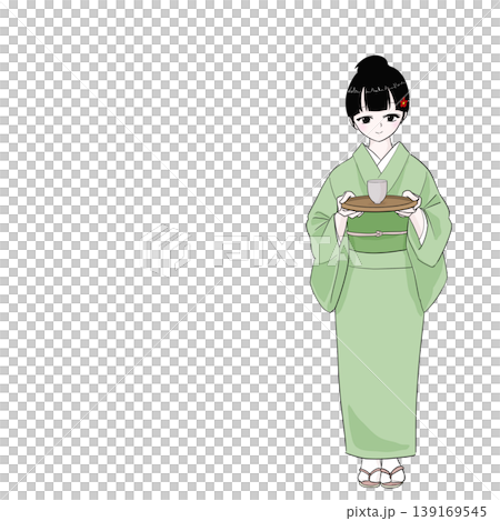 身著和服的女子端茶，正面全身像，日式風格，客戶服務。 139169545