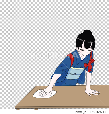 一位身穿和服、腰間繫著腰帶的女子正在擦拭桌子,打掃衛生,做家務,展現出日式風格。 一位身穿和服、腰間繫著腰帶的女子正在擦拭桌子,打掃衛生,做家務,展現出日式風格。 139169715