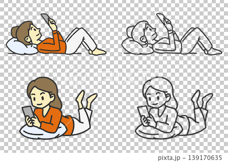 A woman operating a tablet while lying down. 139170635