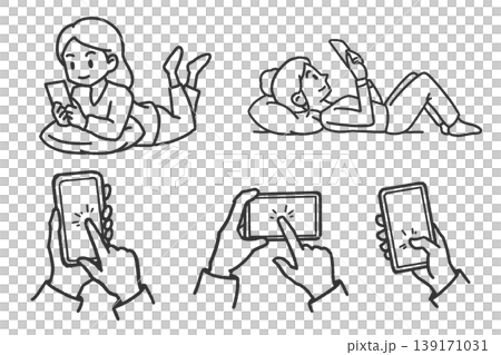 スマホの使い方と寝ながらスマホを操作する人のセットイラスト 139171031