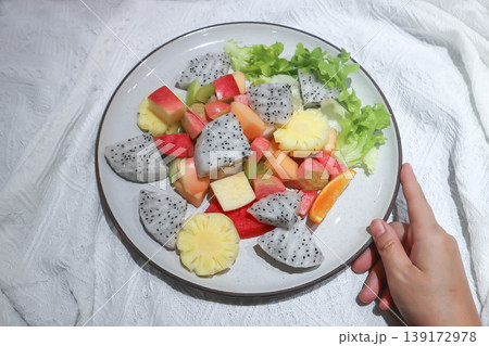 fruit salad or fruit and vegetable salad or dragon fruit , pineapple and apple salad fruit salad or fruit and vegetable salad or dragon fruit , pineapple and apple salad 139172978