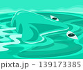 Surrealism illustration of a floating nose and eye-like simple shapes in a turquoise sea, conveying a sense of loneliness and isolation. 139173385