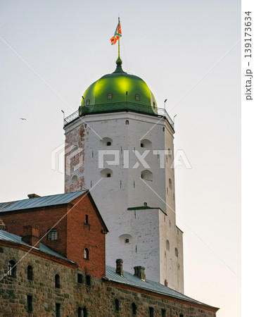 Vyborg Castle and Saint Olafs Tower with its green dome standing tall under a clear sky Vyborg Castle and Saint Olafs Tower with its green dome standing tall under a clear sky 139173634