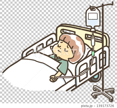 フラットにしたベッドで点滴しながら寝ている幼い女の子 139173726