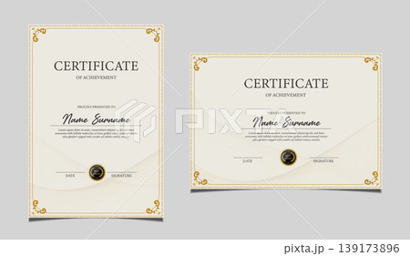 Premium certificate of achievement template design in both portrait and landscape orientation. Elegant classic diploma border, award recognition document with a black seal graphic. Vector. Premium certificate of achievement template design in both portrait and landscape orientation. Elegant classic diploma border, award recognition document with a black seal graphic. Vector. 139173896