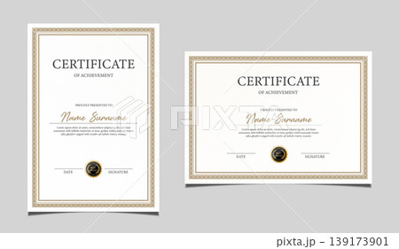 Premium certificate of achievement template design in both portrait and landscape orientation. Elegant classic diploma border, award recognition document with a black seal graphic. Vector. Premium certificate of achievement template design in both portrait and landscape orientation. Elegant classic diploma border, award recognition document with a black seal graphic. Vector. 139173901