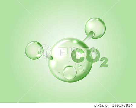 3D rendered green transparent carbon dioxide CO2 molecule model with bubbles on a light green background. It represents environmental chemistry, green energy, carbon footprint reduction, and science. 3D rendered green transparent carbon dioxide CO2 molecule model with bubbles on a light green background. It represents environmental chemistry, green energy, carbon footprint reduction, and science. 139173914
