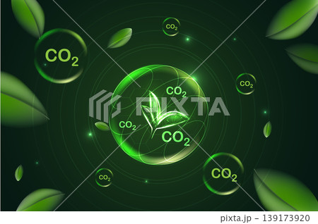 Glowing green sphere with CO2 text and leaves inside surrounded by bubbles. Concept of carbon capture technology, green energy, environmental sustainability, eco-friendly future. Vector illustration. Glowing green sphere with CO2 text and leaves inside surrounded by bubbles. Concept of carbon capture technology, green energy, environmental sustainability, eco-friendly future. Vector illustration. 139173920