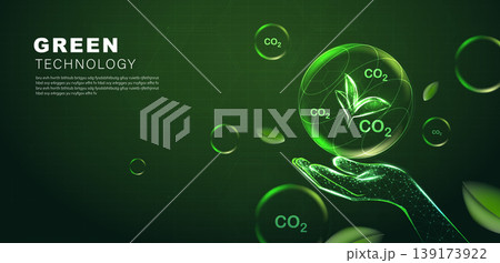 Glowing green sphere with CO2 text and leaves inside surrounded by bubbles. Concept of carbon capture technology, green energy, environmental sustainability, eco-friendly future. Vector illustration. Glowing green sphere with CO2 text and leaves inside surrounded by bubbles. Concept of carbon capture technology, green energy, environmental sustainability, eco-friendly future. Vector illustration. 139173922