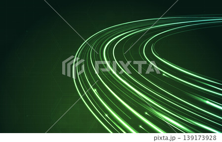 Abstract glowing green light trails and fast moving lines background representing high speed data transfer, fiber optics, network connection, futuristic technology and digital internet concept. Vector Abstract glowing green light trails and fast moving lines background representing high speed data transfer, fiber optics, network connection, futuristic technology and digital internet concept. Vector 139173928