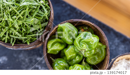 Top view fresh organic bell pepper kitchen background vegetable group raw red yellow green capsicum close up texture cooking ingredient salad nutrition harvest mix healthy diet food concept 139174017