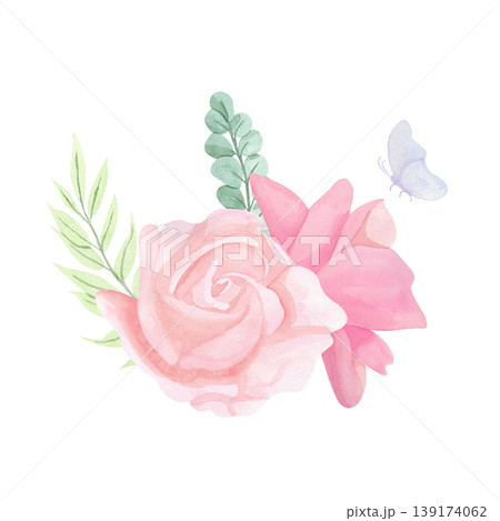 Elegant light peach rose blossoms are surrounded by rich green rose leaves, ferns, and eucalyptus. The illustration is executed in watercolor, lending a delicate, translucent quality and soft color Elegant light peach rose blossoms are surrounded by rich green rose leaves, ferns, and eucalyptus. The illustration is executed in watercolor, lending a delicate, translucent quality and soft color 139174062