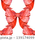 Hand drawn watercolor seamless pattern of elegant red bows. This festive holiday design features repeating rows of large, vibrant crimson ribbons with delicate translucent washes and detailed linework 139174099