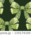 Hand drawn watercolor seamless pattern of green plaid bows. This festive holiday design features repeating rows of elegant sage green ribbons with a subtle checkered pattern and delicate watercolor 139174100