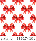 Hand drawn watercolor seamless pattern of festive red bows. This vibrant holiday design features repeating rows of elegant crimson ribbons with delicate shading and textured details. It is perfect for 139174101