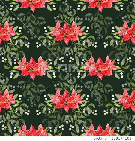 Hand drawn watercolor seamless pattern of festive holiday bouquets. This elegant red poinsettias Christmas stars nestled among delicate mistletoe branches with white berries. Christmas gift wrap Hand drawn watercolor seamless pattern of festive holiday bouquets. This elegant red poinsettias Christmas stars nestled among delicate mistletoe branches with white berries. Christmas gift wrap 139174103