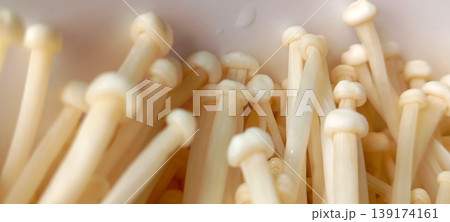 A group of Enoki mushrooms (Flammulina velutipes), also known as golden needle mushrooms. 139174161