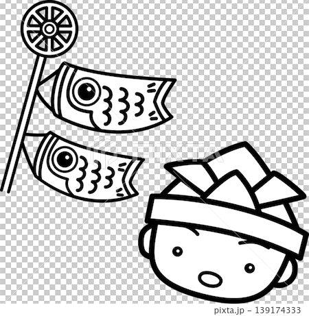 端午の節句 折り紙の兜をかぶる男の子と鯉のぼり 白黒ぬり絵 端午の節句 折り紙の兜をかぶる男の子と鯉のぼり 白黒ぬり絵 139174333