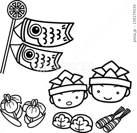端午の節句 鯉のぼり折り紙の兜をかぶる男の子と菖蒲 白黒ぬり絵 端午の節句 鯉のぼり折り紙の兜をかぶる男の子と菖蒲 白黒ぬり絵 139174339
