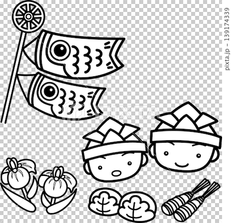 端午の節句 鯉のぼり折り紙の兜をかぶる男の子と菖蒲 白黒ぬり絵 端午の節句 鯉のぼり折り紙の兜をかぶる男の子と菖蒲 白黒ぬり絵 139174339