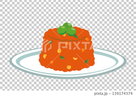 お皿に盛りつけた、プリン型ケチャップライスのイラスト お皿に盛りつけた、プリン型ケチャップライスのイラスト 139174374