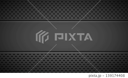 Black abstract technology background with circle perforated pattern, speaker grill texture and horizontal bevels for presentations and design concepts. Vector illustration. Black abstract technology background with circle perforated pattern, speaker grill texture and horizontal bevels for presentations and design concepts. Vector illustration. 139174408