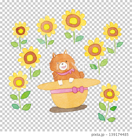 An illustration of a puppy in a straw hat with sunflowers. 139174485