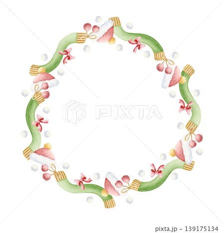Watercolor wool winter clothes round frame isolated on white. Cozy green scarf, Santa hat, pompoms and red bows circle wreath template for Christmas holiday stickers in simple childish style 139175134