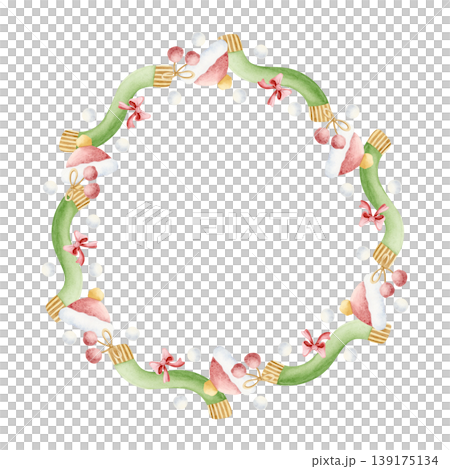 Watercolor wool winter clothes round frame isolated on white. Cozy green scarf, Santa hat, pompoms and red bows circle wreath template for Christmas holiday stickers in simple childish style 139175134