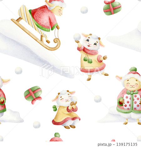 Cartoon animal family playing winter games seamless pattern. Watercolor sheep and goats characters sledding down on snow slide and making snowballs repeat background for Christmas and New Year designs Cartoon animal family playing winter games seamless pattern. Watercolor sheep and goats characters sledding down on snow slide and making snowballs repeat background for Christmas and New Year designs 139175135