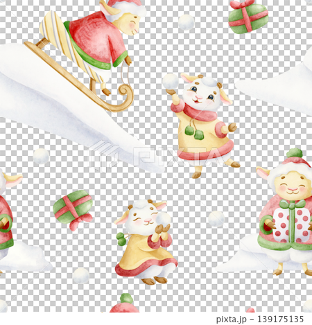 Cartoon animal family playing winter games seamless pattern. Watercolor sheep and goats characters sledding down on snow slide and making snowballs repeat background for Christmas and New Year designs Cartoon animal family playing winter games seamless pattern. Watercolor sheep and goats characters sledding down on snow slide and making snowballs repeat background for Christmas and New Year designs 139175135