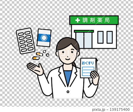 薬局の案内をする白衣の女性 薬局の案内をする白衣の女性 139175400