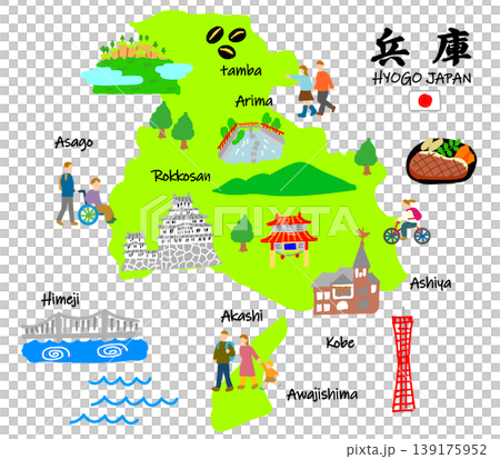 Hyogo/Kobe Travel: Hand-drawn flat illustrations of tourist spots and visitors 139175952