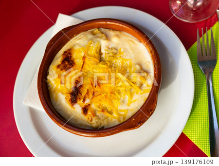 Traditional Cannelloni stuffed with minced meat baked in bechamel sauce with grated cheese Traditional Cannelloni stuffed with minced meat baked in bechamel sauce with grated cheese 139176109
