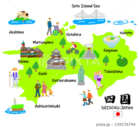 四国旅行、手描きの観光スポットと観光客フラットイラスト 四国旅行、手描きの観光スポットと観光客フラットイラスト 139176744