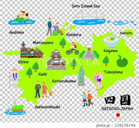 A flat illustration of hand-drawn tourist spots and tourists during a trip to Shikoku. A flat illustration of hand-drawn tourist spots and tourists during a trip to Shikoku. 139176744