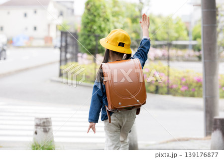 ランドセルを背負って道路の横断歩道を手をあげて渡る小学生の後ろ姿、登校や通学の交通安全イメージ顔無し 139176877