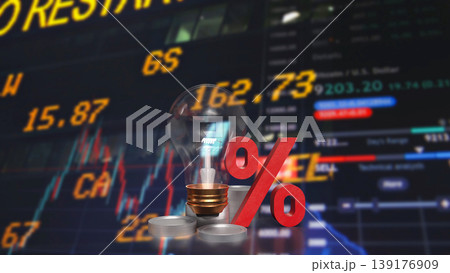 Interest Rate And Financial Innovation Concept With Percent Symbol Light Bulb And Stock Market Background 3d render. Interest Rate And Financial Innovation Concept With Percent Symbol Light Bulb And Stock Market Background 3d render. 139176909