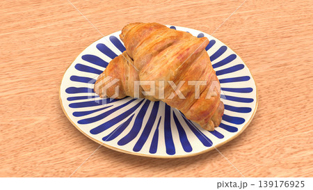 Fresh Croissant Breakfast on Plate with Wooden Table Background 3d render. 139176925