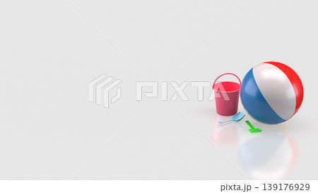 Minimal Summer Beach Toys Concept with Ball Bucket and Sand Tools 3d render. 139176929