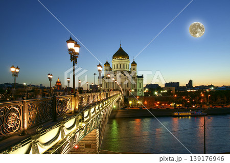 Christ the Savior Cathedral and Patriarshy Bridge (Night view) with the super moon, Moscow, Russia 139176946