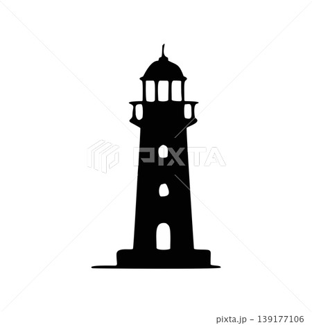 Silhouette Traditional Tall Lighthouse Tower Guiding Ship Navigation Symbol Icon 139177106