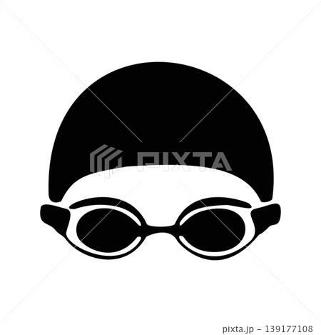Stylized Black Silhouette Icon of Swimming Goggles and Cap for Aquatic Sport Stylized Black Silhouette Icon of Swimming Goggles and Cap for Aquatic Sport 139177108