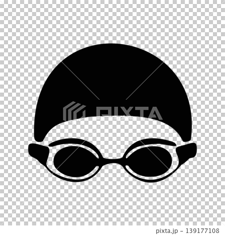 Stylized Black Silhouette Icon of Swimming Goggles and Cap for Aquatic Sport Stylized Black Silhouette Icon of Swimming Goggles and Cap for Aquatic Sport 139177108