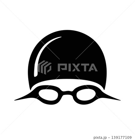 Simple Black Silhouette of a Swimmer Wearing a Swim Cap and Goggles 139177109
