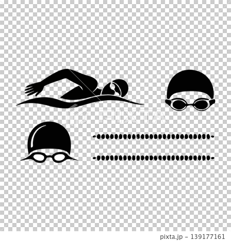 Black Silhouette Graphic Representation of a Swimmer in Action Wearing Cap and Goggles Black Silhouette Graphic Representation of a Swimmer in Action Wearing Cap and Goggles 139177161
