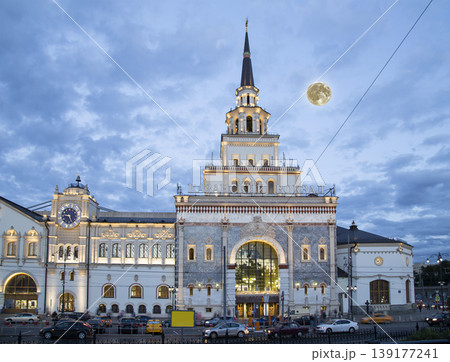 Kazansky railway terminal (Kazansky vokzal -- written in Russian) at night-- with the super moon -- is one of nine railway terminals in Moscow, Russia. Kazansky railway terminal (Kazansky vokzal -- written in Russian) at night-- with the super moon -- is one of nine railway terminals in Moscow, Russia. 139177241