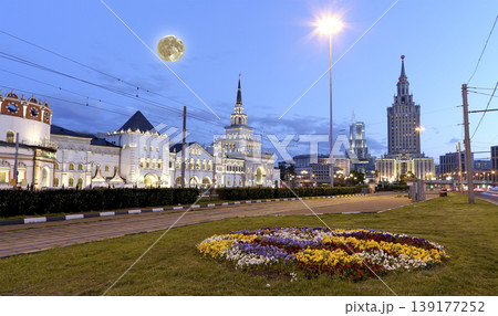 Kazansky railway terminal ( Kazansky vokzal written in Russian) with the super moon -- is one of nine railway terminals in Moscow, Russia Kazansky railway terminal ( Kazansky vokzal written in Russian) with the super moon -- is one of nine railway terminals in Moscow, Russia 139177252