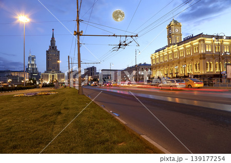 Komsomolskaya Square (night), with the super moon. Moscow, Russia-- Three Station Square thanks to three railway station situated there: Leningradsky, Yaroslavsky and Kazansky (written in Russian) Komsomolskaya Square (night), with the super moon. Moscow, Russia-- Three Station Square thanks to three railway station situated there: Leningradsky, Yaroslavsky and Kazansky (written in Russian) 139177254